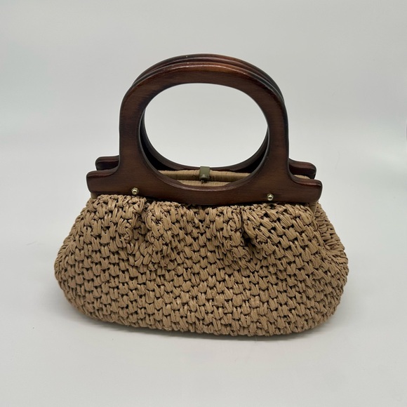 Elegant theTreasury Tan Woven Vintage Handbag with wooden handle